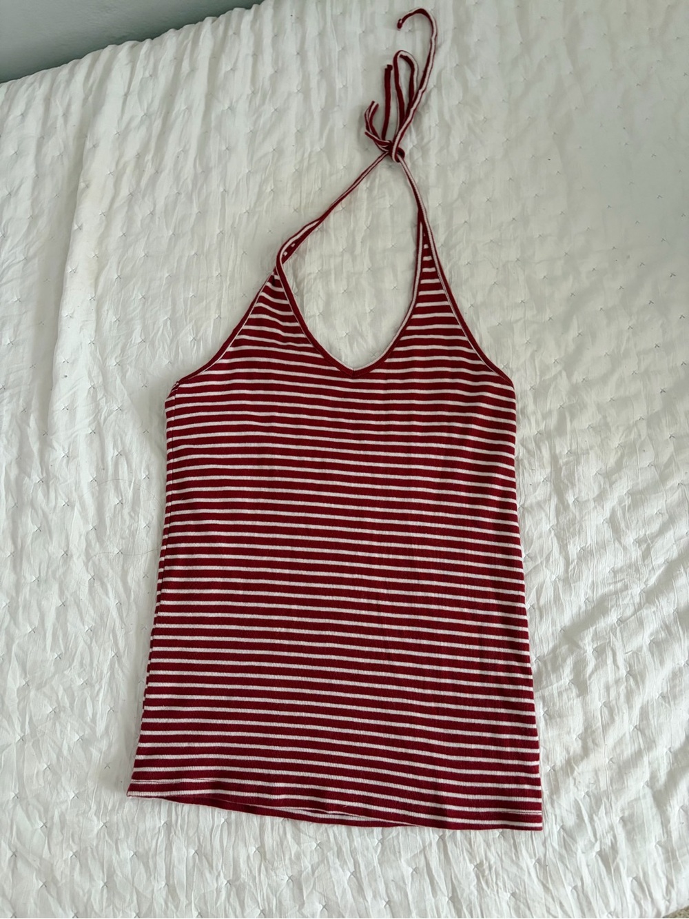 American Eagle Burgundy and White Striped Halter Tank Top Size L